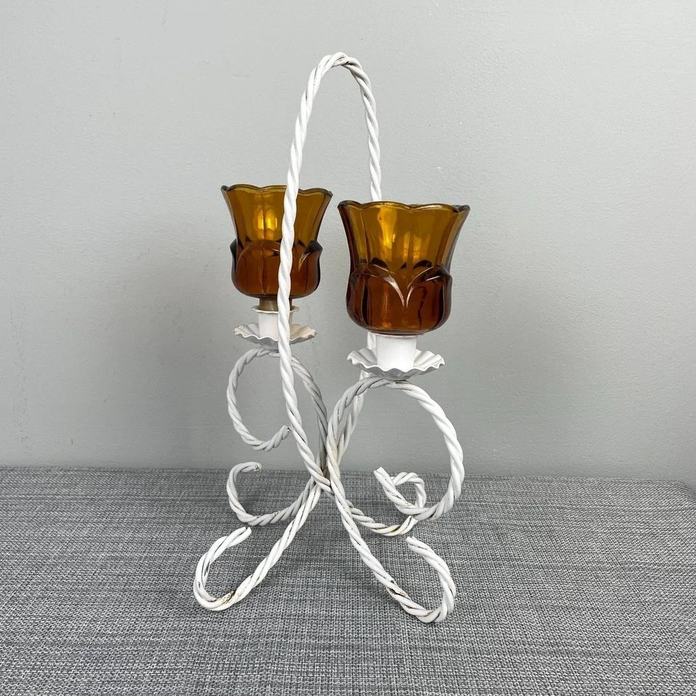 VTG Cottagecore Boho White Twisted Metal Amber Glass Candle Holder‎ Centerpiece